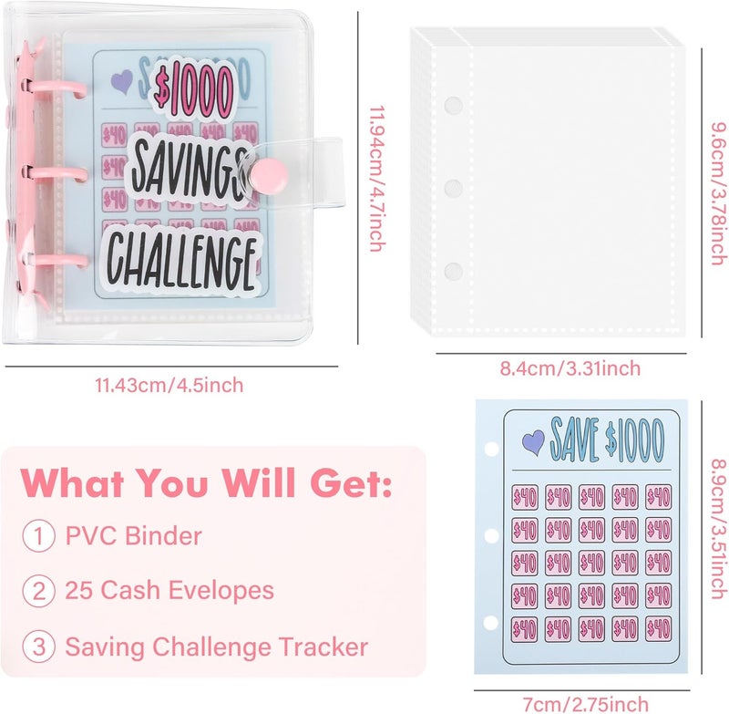 Mozano Mini Money Saving Binder with 25 Envelopes, $1000 Savings Challenge Book, Portable Budget Tool (Pink,) - Image 2